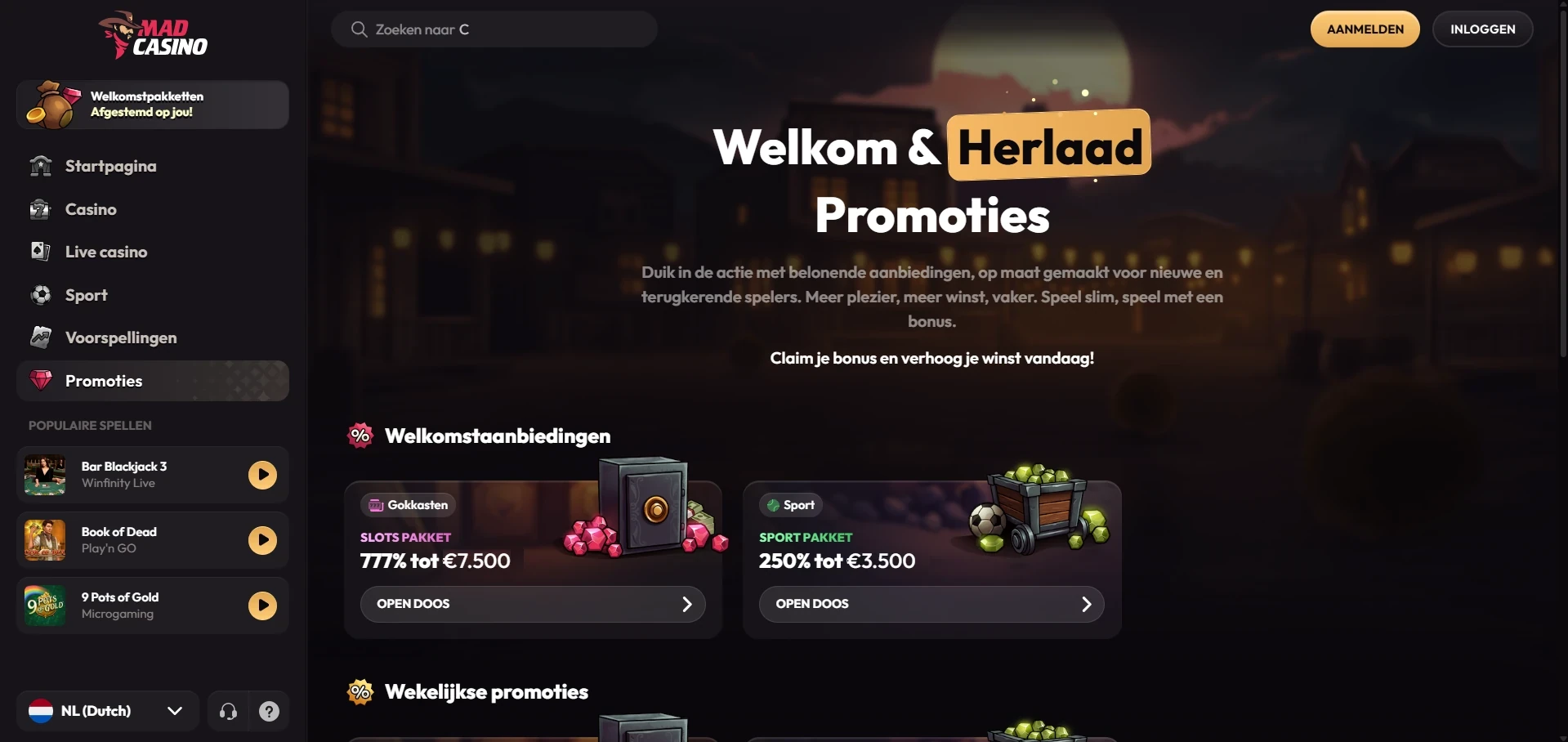 Bonusoverzicht op de site van Mad Casino