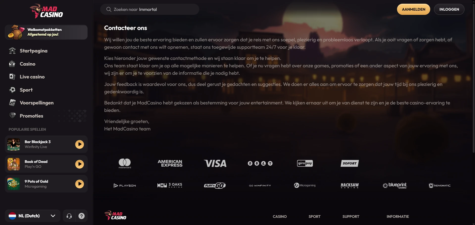 Contactmogelijkheden bij Mad Casino