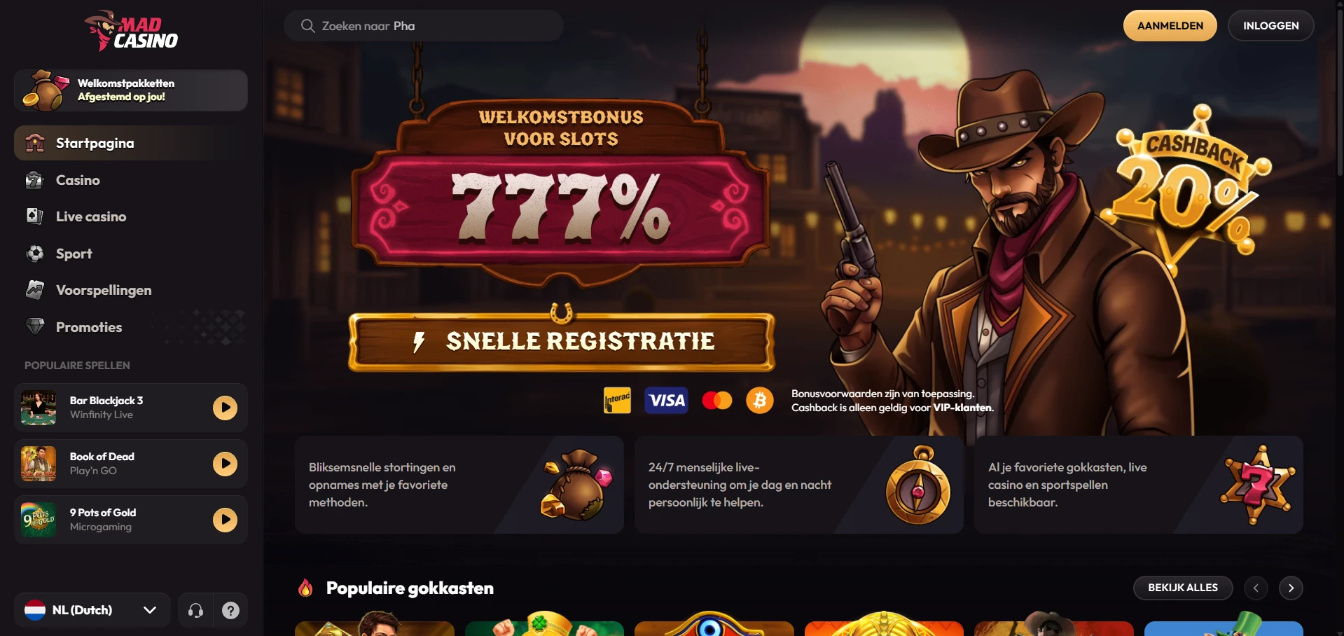 Voorpagina van Mad Casino in de browser
